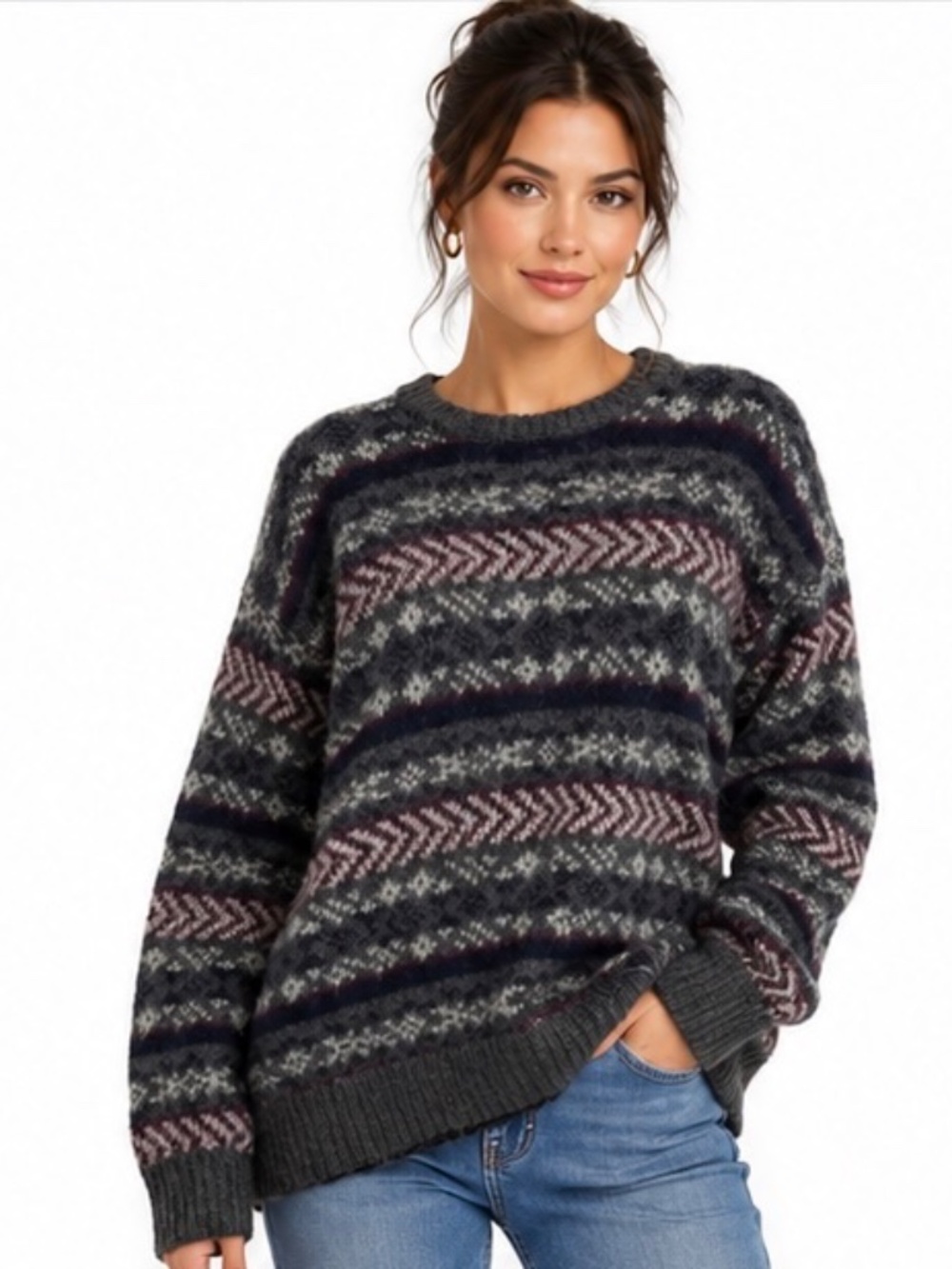 John Ashford Women's 100% Wool Fair Isle Nordic Knit Sweater